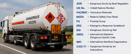 ADR-Lkw mit Gefahrgutkennzeichnung und UN-Nummern in Europa