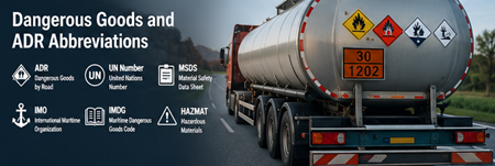 ADR-Lkw transportiert Gefahrgut mit Gefahrzetteln und UN-Nummern auf einer europäischen Autobahn