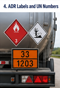 ADR-Gefahrzettel, orangefarbene Tafeln und UN-Nummern an einem Gefahrgut-Transport-Lkw