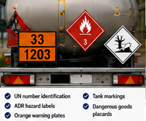 ADR-Warntafeln (orange) und Gefahrgutkennzeichnung auf einem Transport-Lkw