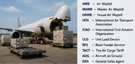 Luftfrachtprozesse mit Frachtflugzeug, Flughafenlogistik und Abkürzungen für internationale Luftfracht und Zollverfahren