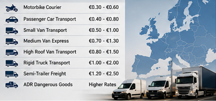 Europäische Transporttarife pro Kilometer für Transporter, Lkw und Frachtlogistik