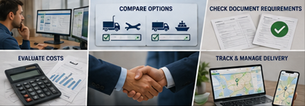 Auswahl nationaler oder internationaler Transportdienstleistungen mit Logistikplanung, Routen, Lkw und Frachtprozessen