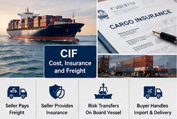 Seefrachtsendung mit Versicherungsdokumenten und Frachttransport unter CIF-Vereinbarung