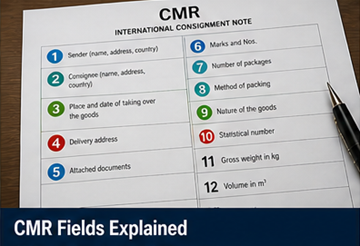 Detailansicht der CMR-Formularfelder mit Absender-, Empfängerangaben, Warenbeschreibung und Unterschriftsbereichen
