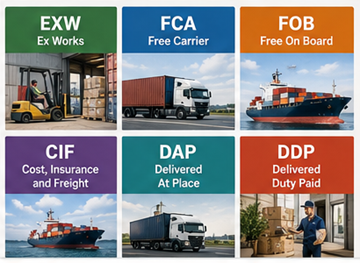 Übersicht über gängige Incoterms wie EXW, FOB, CIF, DDP und DAP in der globalen Logistik