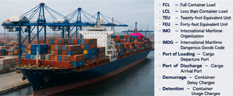 Containerverkehre mit Frachtschiffen, Hafenterminals und Abkürzungen für Seefracht und internationale Logistik