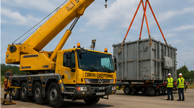 Kran-Lkw beim Verladen übergroßer Ladung während eines Schwertransporteinsatzes