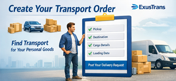 Privatperson erstellt auf der ExusTrans-Plattform einen Transportauftrag mit Abhol- und Zustelldaten