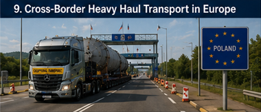 Internationaler Großraum- und Schwertransportkonvoi beim Grenzübertritt in Europa