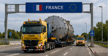 Internationaler Übermaßtransport-Konvoi beim Überschreiten europäischer Grenzen