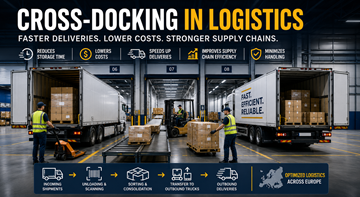 Cross-Docking-Lager mit Lkw beim Be- und Entladen in einem modernen europäischen Logistikzentrum