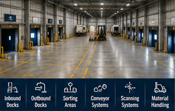 Cross-Docking-Terminal mit Verladerampen, Lkw und Sortierprozessen