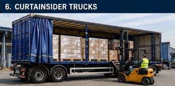 Curtainsider-Lkw wird in einem europäischen Logistikzentrum mit Paletten beladen