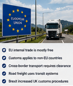 Europäische Lkw passieren Grenzen und erledigen Zollverfahren in Logistikabläufen