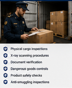 Zollbeamte kontrollieren Frachtcontainer und Transportfahrzeuge an einem Grenzterminal