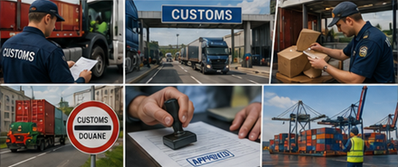 Zollkontrollen, Grenzabfertigung, Fracht-Lkw und internationale Zollabfertigungsprozesse