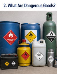 Beispiele für gefährliche Güter, darunter Chemikalien, Kraftstoff, Gasflaschen, Batterien und industrielle Flüssigkeiten