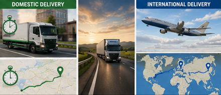 Darstellung nationaler und internationaler Lieferzeiten mit Logistik-Lkw, Flugzeugen, Karten und Transportrouten