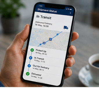 Kunde nutzt Smartphone-App zur Lieferverfolgung mit Live-Sendungsupdates und Benachrichtigungen