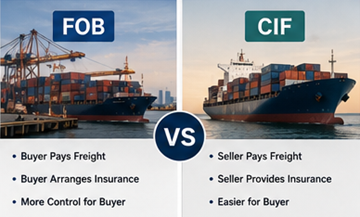 Visueller Vergleich der Zuständigkeiten bei FOB und CIF in der internationalen Logistik
