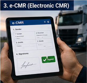 Fahrer nutzt ein digitales e-CMR-Dokument auf einem Tablet während des Logistiktransports