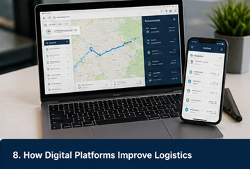 Dashboard einer digitalen Logistikplattform mit Tracking, Kommunikation und Transportaufträgen