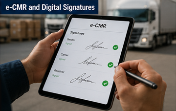 Fahrer unterschreibt ein digitales Transportdokument auf dem Tablet – steht für die elektronische Signatur bei e-CMR