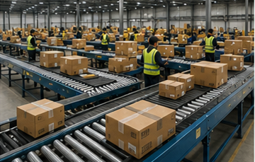 Großes Distributionszentrum, das Produkte für Transport und Zustellung sortiert