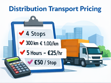 Preisberechnung für Distributionstransport mit mehreren Stopps, Distanz, Stunden und Satz pro Stopp auf einem Klemmbrett