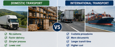 Vergleich von nationalem und internationalem Transport mit lokalen Lkw, Zollkontrollen, Häfen und internationaler Frachtlogistik