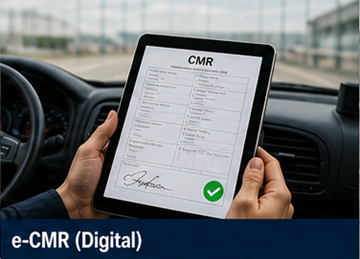 Fahrer nutzt ein Tablet, um ein digitales CMR-Dokument (eCMR) im Logistiksystem zu unterschreiben
