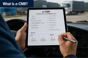 Digitales CMR-Dokument auf einem Tablet, das von einem Fahrer in einer Logistik-Transportumgebung genutzt wird