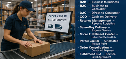 E-Commerce-Fulfillment im Lager mit Paketsortierung und Online-Auftragsbearbeitung