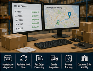 E-Commerce-Lager nutzt ein Warehouse Management System für das Fulfillment von Online-Bestellungen