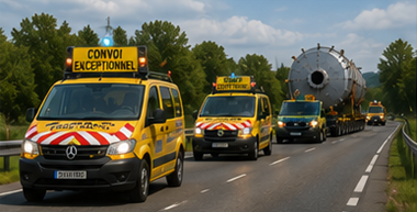Begleitfahrzeuge begleiten einen Schwertransport-Konvoi auf einer europäischen Autobahn
