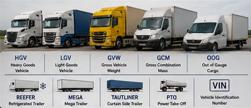 Verschiedene europäische Nutzfahrzeuge: Kühl-Lkw, Megatrailer, Planenauflieger, Transporter und Pritschenfahrzeuge