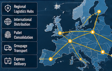 Europäisches Transportnetz mit Cross-Docking-Hubs und Distributionszentren
