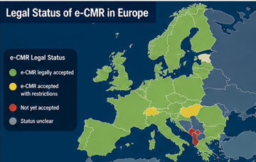 Karte Europas mit Ländern, in denen e-CMR als digitales Transportdokument rechtlich akzeptiert wird