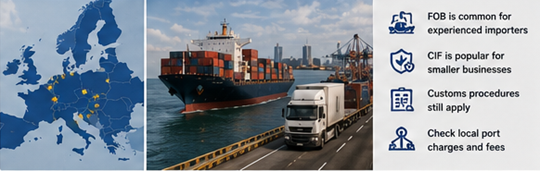 Betrieb in einem europäischen Hafen mit importierten Frachtcontainern und Zollabwicklung