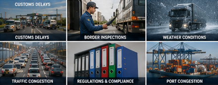 Europäischer nationaler und internationaler Transport mit EU-Autobahnen, Grenzübergängen, Lagerhäusern und Logistikhubs