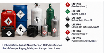 Beispiele für ADR-Gefahrgut, darunter Kraftstoffe, Chemikalien, Batterien und Gasflaschen