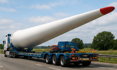 Windturbinenflügel, Baumaschine und Industrieequipment als übergroße Ladung transportiert