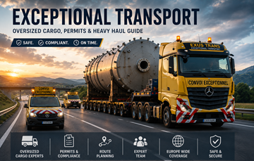 Schwertransport-Konvoi mit übergroßer Industrieladung in Europa bei Sonnenuntergang