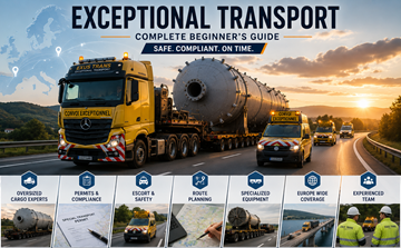 Sondertransport-Lkw mit übergroßer Industrieladung auf einer europäischen Autobahn mit Begleitfahrzeugen