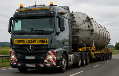 Transport übergroßer Ladung mit Schwerlastauflieger und großem Industrieequipment