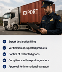 Exportladung und Zollbeamte bearbeiten Dokumente für internationale Sendungen