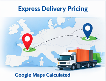 Expresszustellungsroute auf Europakarte mit Lkw und von Google Maps berechnetem Transportpreis