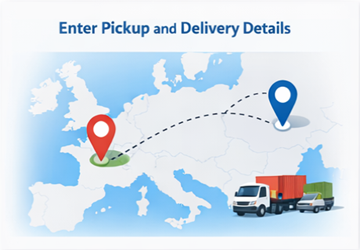 Abhol- und Lieferorte auf einer europäischen Transportroutenkarte