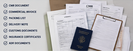 Dokumente im Gütertransport einschließlich CMR, Rechnung, Versandpapiere und Logistikunterlagen